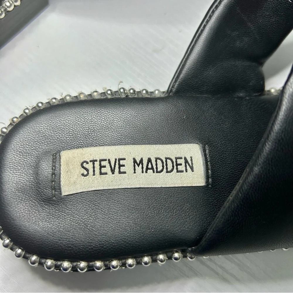 Steve Madden Frita Black Puff Strap Metal Stud Flat Slide Sandals Size 10